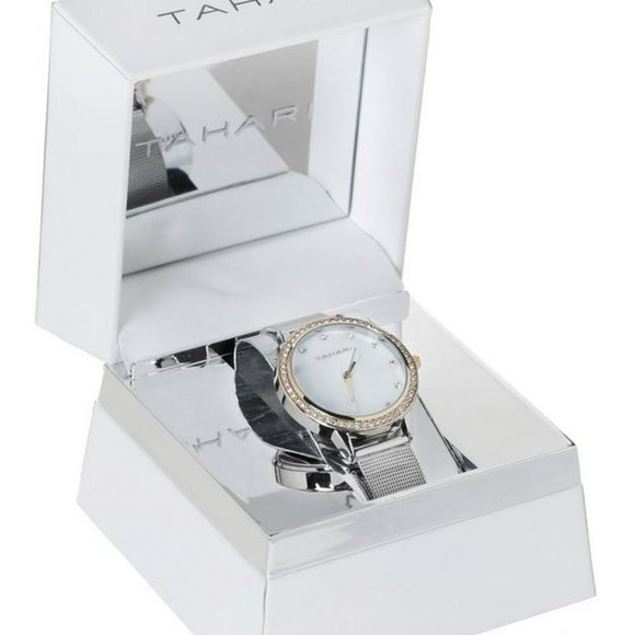 Tahari Rose Gold Dial Women's Jeweled Mesh Strap Band Watch - Metallic Multi - Picture 2 of 4